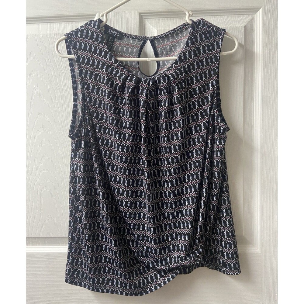 Jones Knit Top Womens L Black White Sleeveless Geometric Pleated Career Office